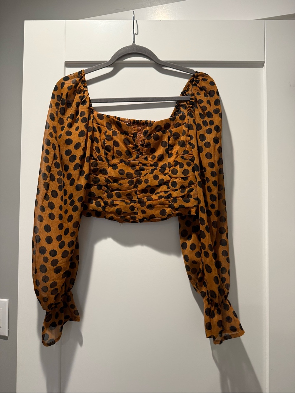 Free People Rust Brown Polka Dot Long Sleeve Crop Top